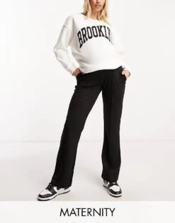 Mama.licious Mamalicious Maternity Over The Bump Wide Leg Trouser With Pin Tucks In Black For Women