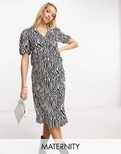 Mama.licious Mamalicious Maternity Short Sleeved Midi Dress In Zebra Print For Women Black & White
