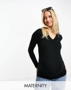 Mama.licious Mamalicious Maternity Long Sleeve V-neck Top In Black For Women