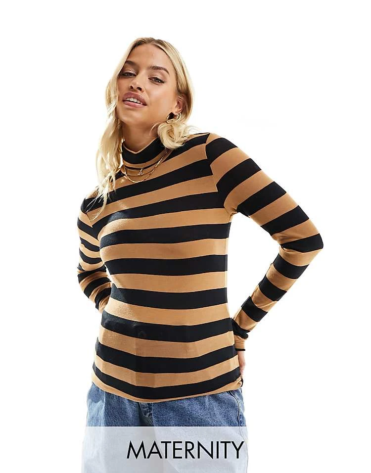Mama.licious Mamalicious Maternity Long Sleeve Roll Neck Top In Black And Brown Stripe For Women - Image 5