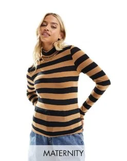 Mama.licious Mamalicious Maternity Long Sleeve Roll Neck Top In Black And Brown Stripe For Women