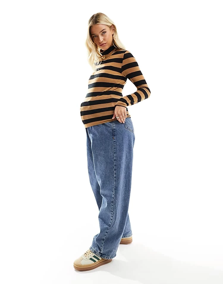 Mama.licious Mamalicious Maternity Long Sleeve Roll Neck Top In Black And Brown Stripe For Women - Image 4