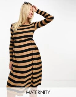 Mama.licious Mamalicious Maternity Long Sleeve Mini Dress In Black Stripe For Women