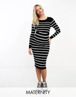 Mama.licious Mamalicious Maternity Double Layer Midi Dress In Black And White Stripe For Women Stripes