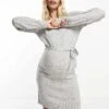 Mama.licious Mamalicious Maternity Knitted Midi Dress With Belt In Grey For Women Light Grey
