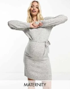 Mama.licious Mamalicious Maternity Knitted Midi Dress With Belt In Grey For Women Light Grey