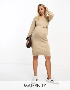 Mama.licious Mamalicious Maternity Knitted Midi Dress With Belt In Camel For Women Beige