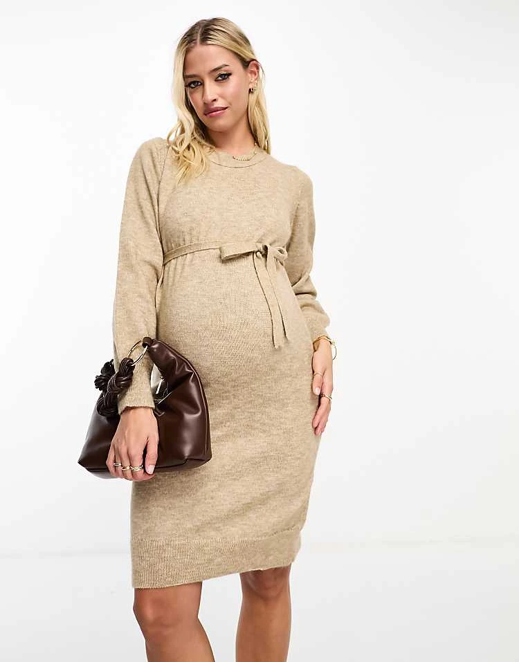 Mama.licious Mamalicious Maternity Knitted Midi Dress With Belt In Camel For Women Beige - Image 4