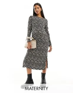 Mama.licious Mamalicious Maternity Plisse Midi Dress With Side Split In Leopard Print For Women