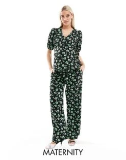 Mama.licious Mamalicious Maternity Relaxed Under The Bump Trouser Co-ord In Palm Flower Print For Women Black Aop
