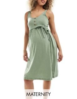 Mama.licious Mamalicious Maternity 2 Function Nursing Button Through Mini Sundress In Sage Green For Women Light Green