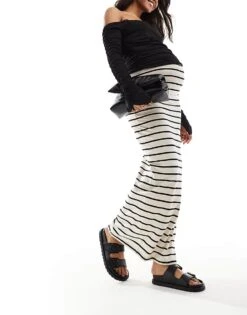 Mama.licious Mamalicious Maternity Jersey Over The Bump Maxi Skirt In Cream Stripe For Women Beige