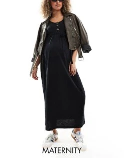 Mama.licious Mamalicious Maternity 2 Function Nursing Button Through Maxi Sundress In Black For Women