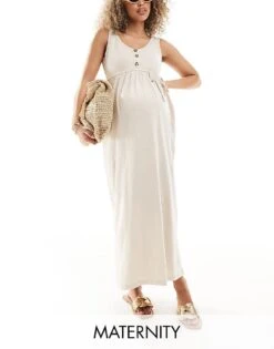 Mama.licious Mamalicious Maternity 2 Function Nursing Button Through Maxi Sundress In Cream For Women Beige