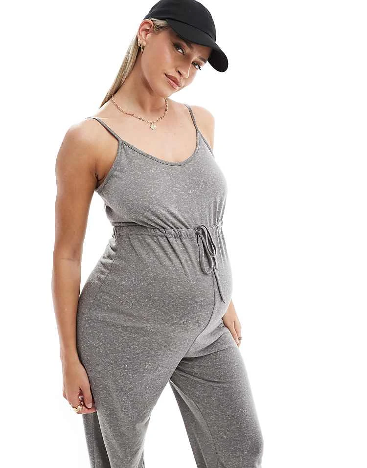 Mama.licious Mamalicious Maternity Jersey Tie Waist Jumpsuit In Charcoal Melange For Women Charcole - Image 4