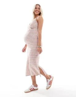 Mama.licious Mamalicious Maternity Wrap Front Texture Jersey Midi Dress In Pink Summer Stripe For Women Pink Cosmos