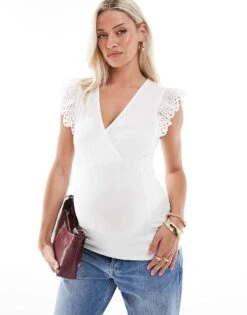 Mama.licious Mamalicious Maternity 2 Function Jersey Top With Broderie Sleeve Detail In White For Women Snow White