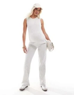 Mama.licious Mamalicious Maternity Ribbed Jersey Tank Top And Wide Leg Trouser Co-ord In Cream