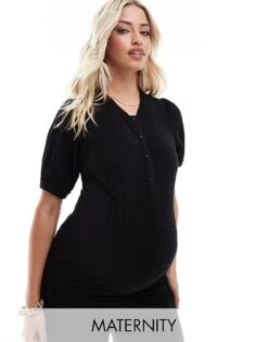 Mama.licious Mamalicious Maternity Henley Long Sleeved Top Co-ord In Black For Women