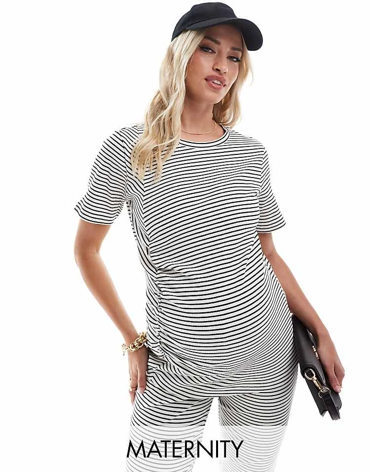Mama.licious Mamalicious Maternity Ribbed Over The Bump Flared Trouser And Ruched Front Short Sleeve Top Co-ord In Stripe White - Image 3