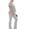 Mama.licious Mamalicious Maternity Ribbed Over The Bump Flared Trouser And Ruched Front Short Sleeve Top Co-ord In Stripe White