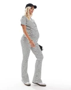 Mama.licious Mamalicious Maternity Ribbed Over The Bump Flared Trouser And Ruched Front Short Sleeve Top Co-ord In Stripe White