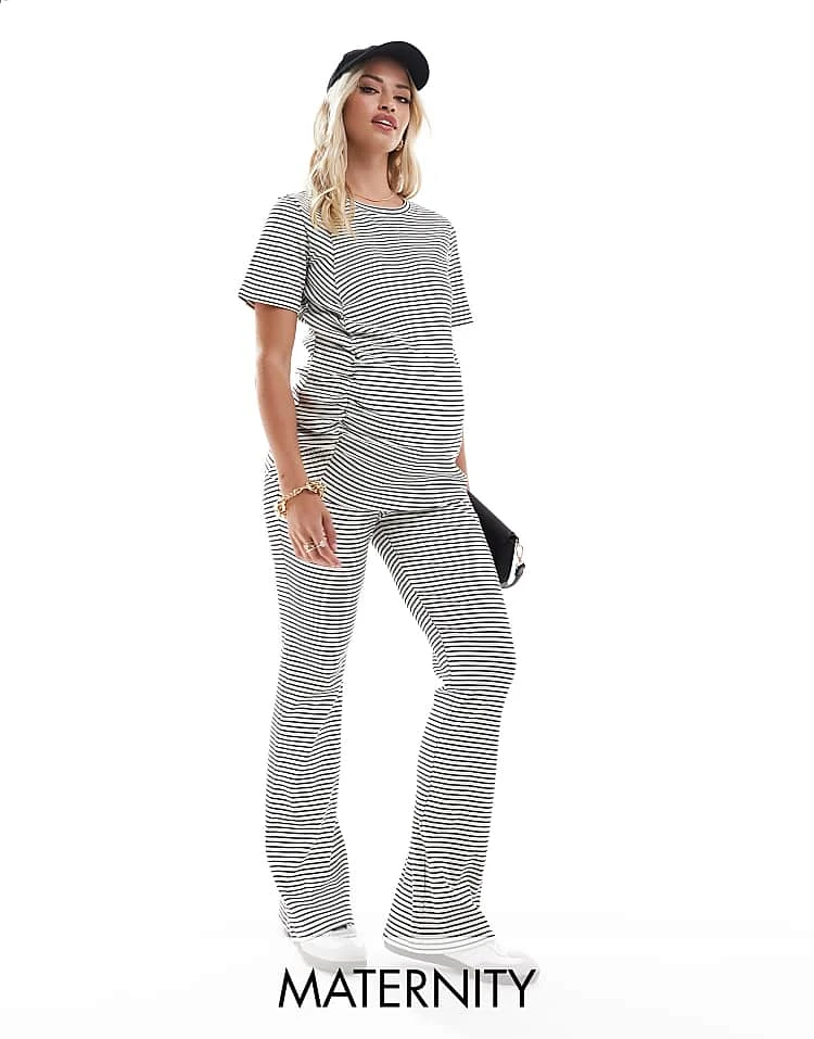 Mama.licious Mamalicious Maternity Ribbed Over The Bump Flared Trouser And Ruched Front Short Sleeve Top Co-ord In Stripe White - Image 2
