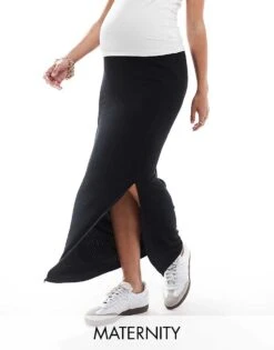 Mama.licious Mamalicious Maternity Ribbed Jersey Over The Bump Maxi Skirt In Black For Women