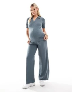 Mama.licious Mamalicious Maternity Mix & Match Ribbed Jersey Maxi Cardigan, Polo Top And Wide Leg Trouser Co-ord In Asphalt