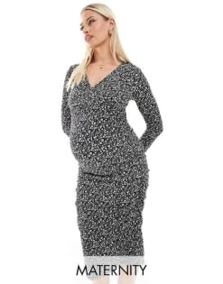 Mama.licious Mamalicious Maternity Long Sleeve Jersey Midi Dess In Flower Print For Women Birch