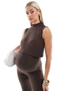 Mama.licious Mamalicious Maternity Ribbed Knit Tank Top Co-ord In Brown Melange For Women Pinecone