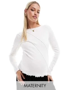 Mama.licious Mamalicious Maternity Long Sleeve Lettuce Edge Top In White For Women ?snow White