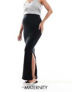 Mama.licious Mamalicious Maternity Soft Ribbed Stretch Maxi Skirt With Side Split In Black For Women