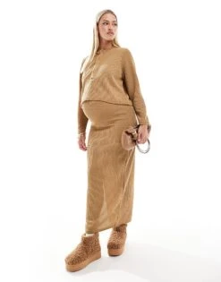Mama.licious Mamalicious Maternity Over The Bump Maxi Skirt And Cropped Henley Top Co-ord In Mustard