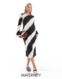 Mama.licious Mamalicious Maternity Midi Dress In Graphic Mono Stripe For Women