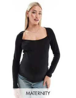 Mama.licious Mamalicious Maternity Long Sleeve Sqaure Neck T-shirt In Black For Women