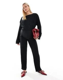 Mama.licious Mamalicious Maternity Long Sleeved Plisse Cropped Top And And Wide Leg Trouser Co-ord In Black