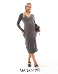 Mama.licious Mamalicious Maternity Long Sleeve Jersey Midi Dress In Brown For Women