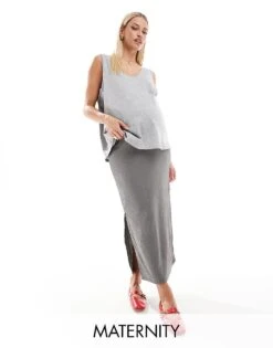 Mama.licious Mamalicious Maternity Textured Side Split Maxi Skirt In Grey For Women