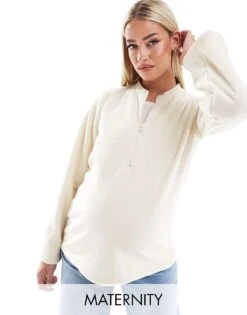 Mama.licious Mamalicious Maternity Zip Front Fleece With Wide Sleeves In Cream For Women