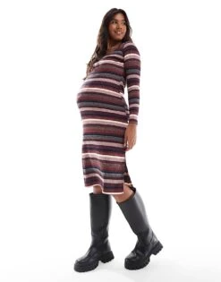Mama.licious Mamalicious Maternity Heavy Ribbed Maxi Dress In Multi Stripe For Women Rose Cloud Stripes