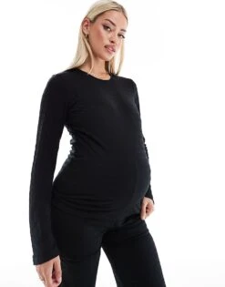 Mama.licious Mamalicious Maternity Textured Flared Sleeve Top Co-ord In Black For Women