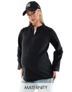 Mama.licious Mamalicious Maternity Zip Front Fleece With Wide Sleeves In Black For Women