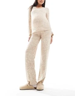Mama.licious Mamalicious Maternity Ribbed Jersey Flare And Top Co-ord In Beige Melange