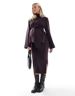 Mama.licious Mamalicious Maternity Knitted Roll Neck Jumper With Tie Waist And Skirt Set In Plum