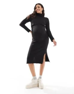 Mama.licious Mamalicious Maternity Knitted Midi Dress With Nursing Function In Black For Women