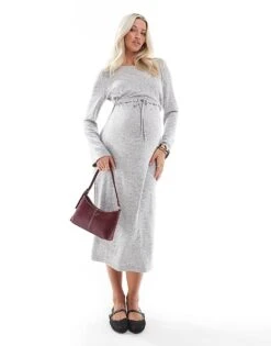 Mama.licious Mamalicious Maternity Long Sleeve Nursing Midi Dress In Light Grey Melange For Women