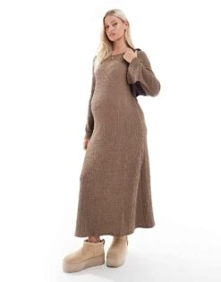 Mama.licious Mamalicious Maternity Textured Maxi Dress With Flared Sleeve In Taupe For Women Fossil