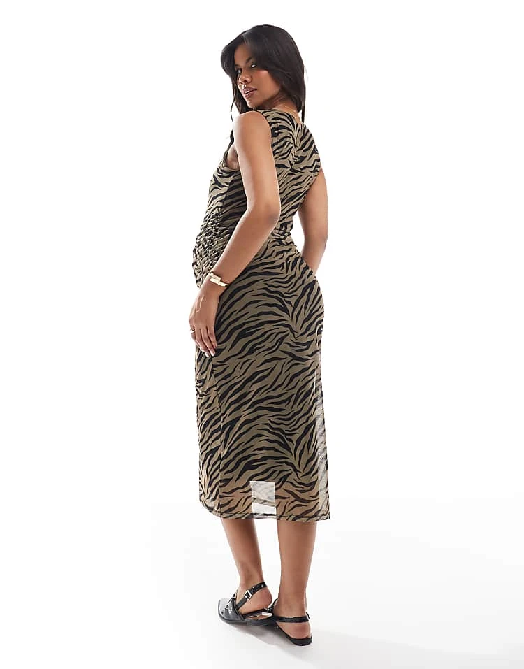 Mama.licious Mamalicious Maternity Ruched Mesh Dress In Brown Zebra Print For Women Silver Mink - Zebra - Image 3