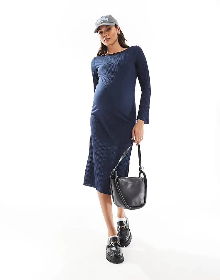 Mama.licious Mamalicious Maternity Long Sleeved Plisse Midi Dress In Navy For Women Navy Blazer